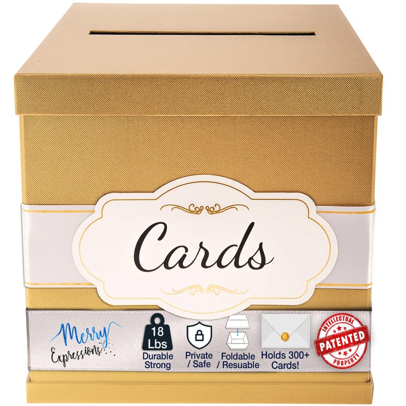 Merry Expressions 10" Gold Card Box, Card Holder For Party, Money Gift Box for Wedding Reception, Graduation, Birthday, Sweet 16 Parties, Bridal & Baby Shower - Large - Wedding Gift Table Decoration - Image 1